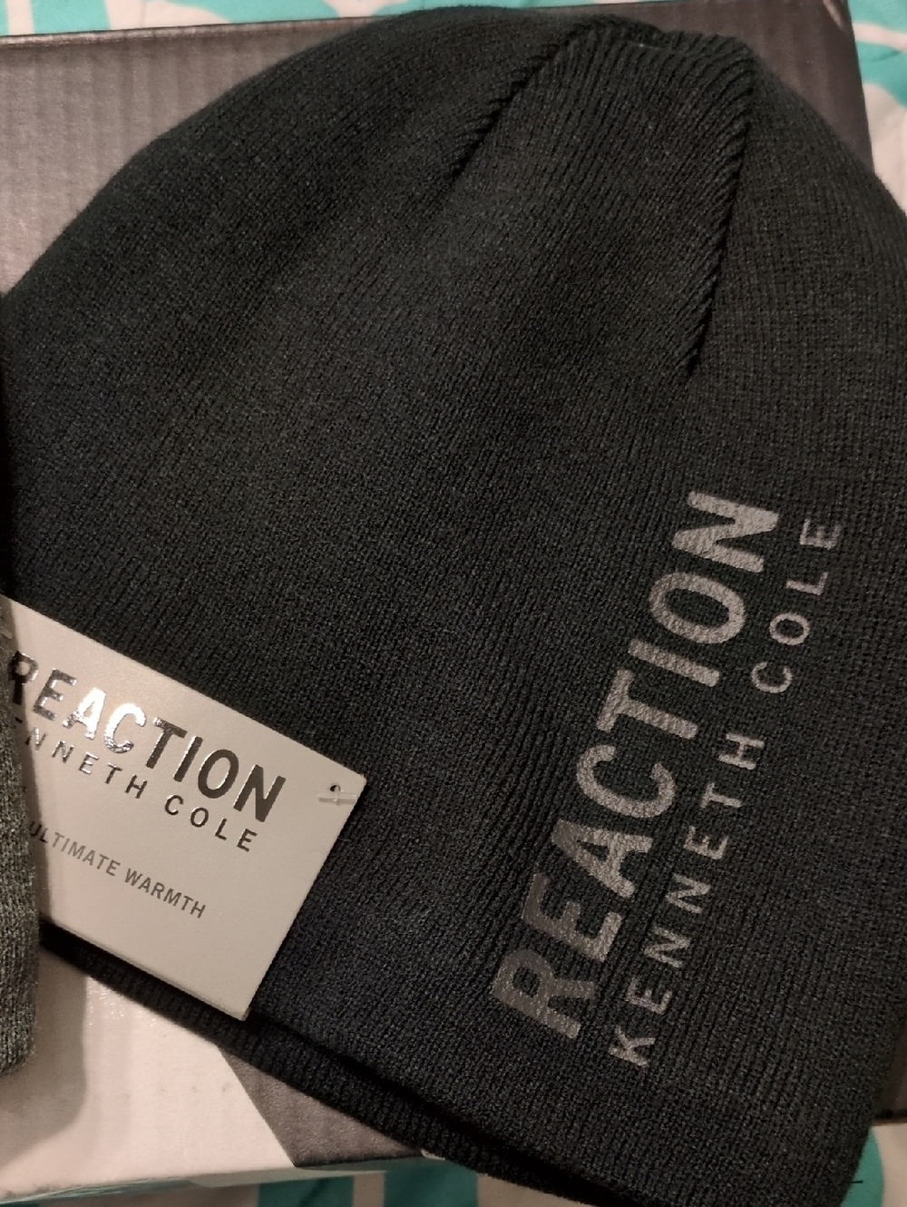 2 Kenneth Cole Reaction Black and Grey  Knit Logo Beanie